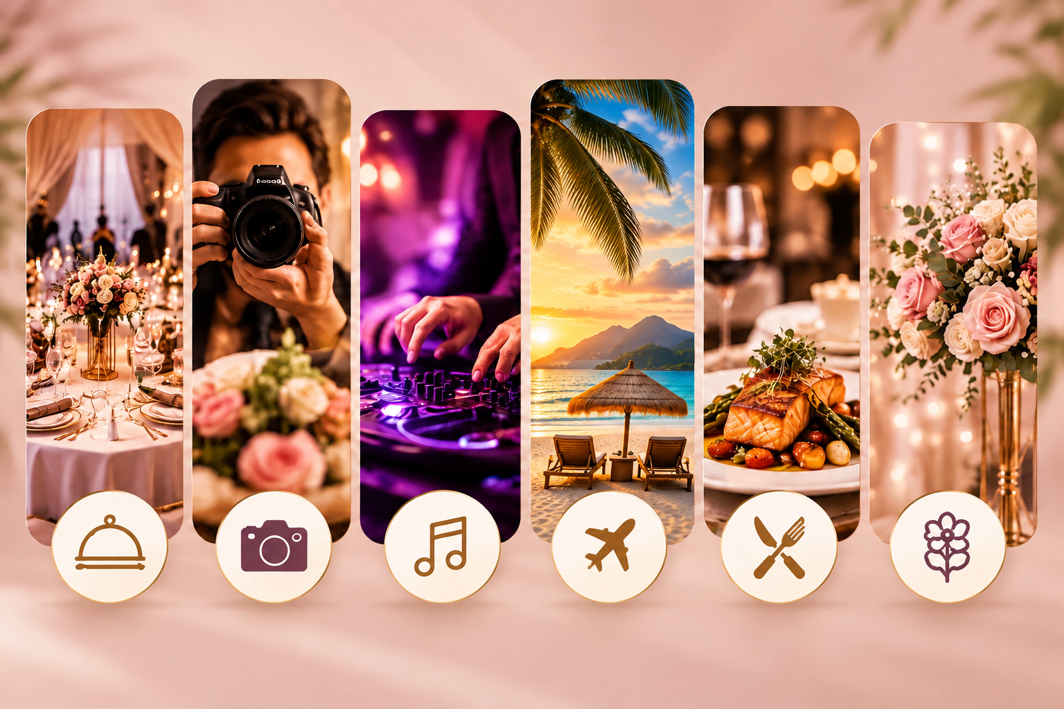 Servicios para eventos: fotografía, música, banquetes, viajes y decoración
